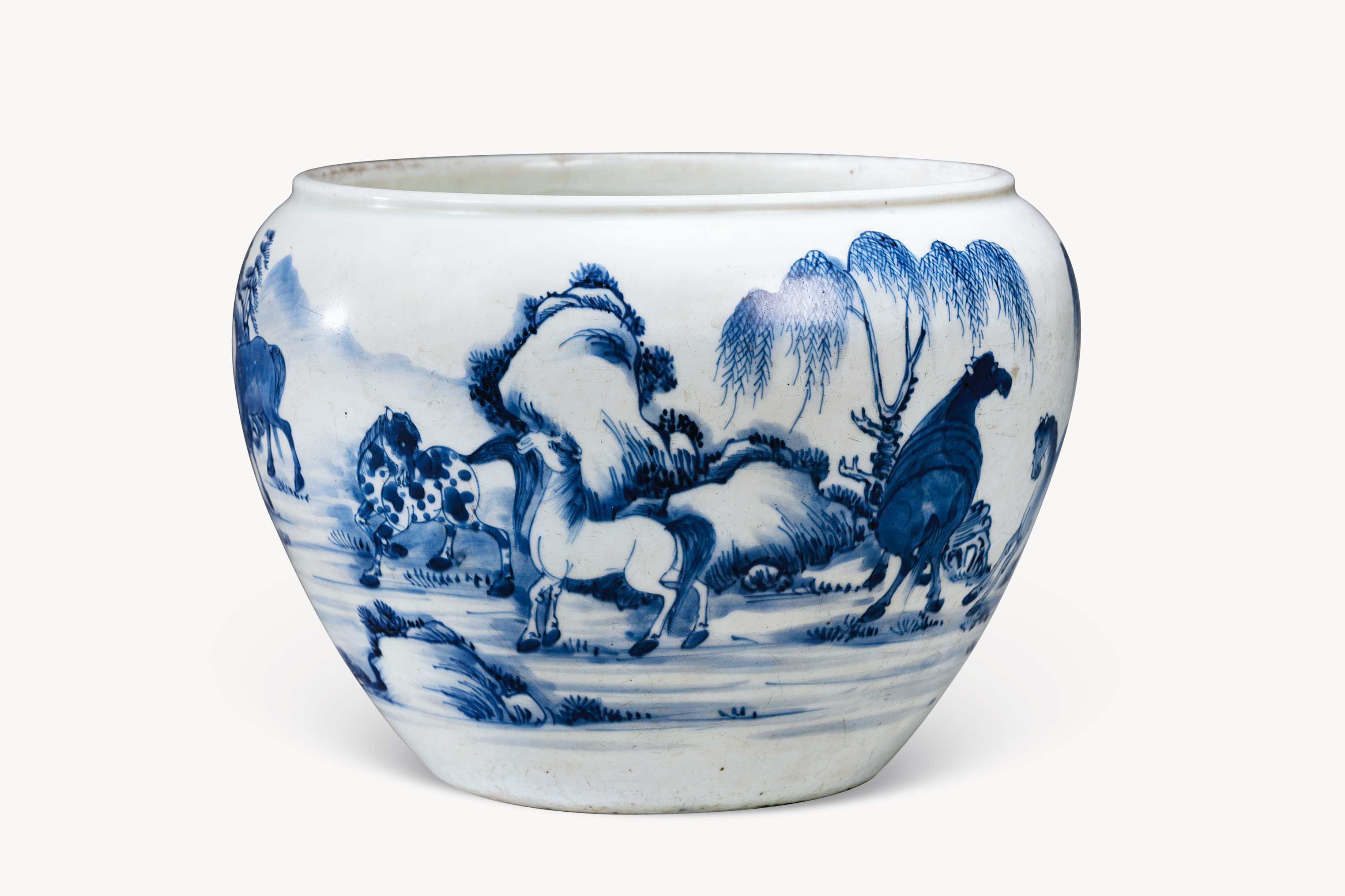 秘藏 大清 康熙年制 青花 八駿圖 缸 陶芸 古陶磁器 中国